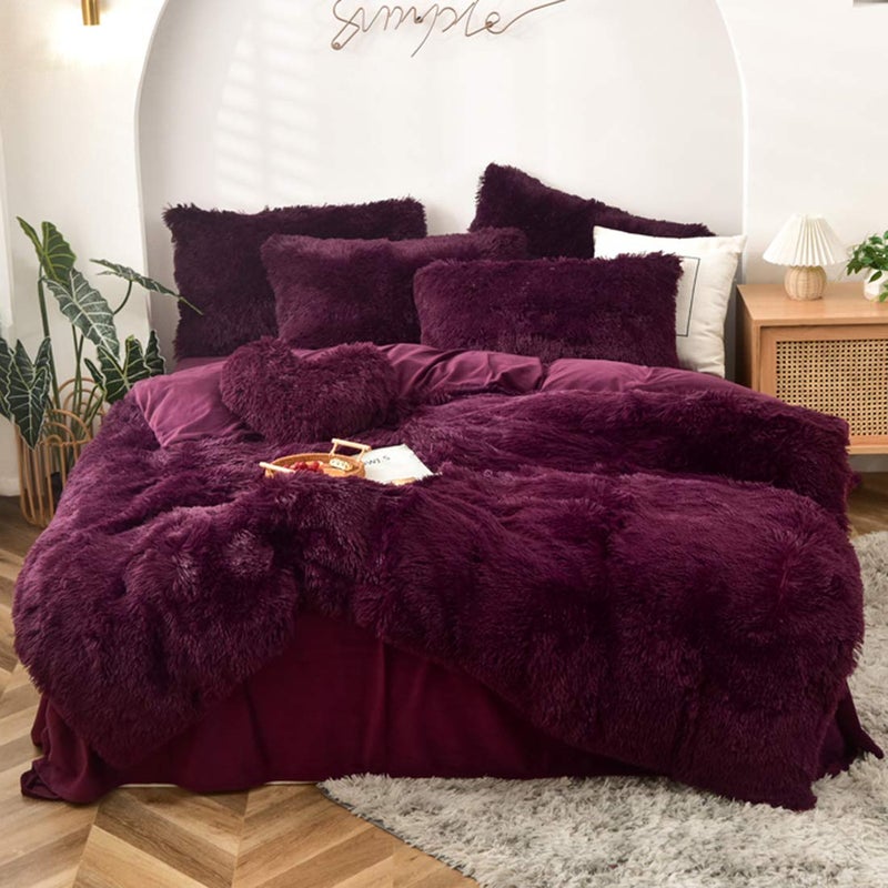 MorroMorn 5 PCS Shaggy Duvet Cover Bedding Set - Fluffy Comforter Cover Long Faux Fur Luxury Ultra Soft Cozy (Maroon, Full/Queen) - Image 1